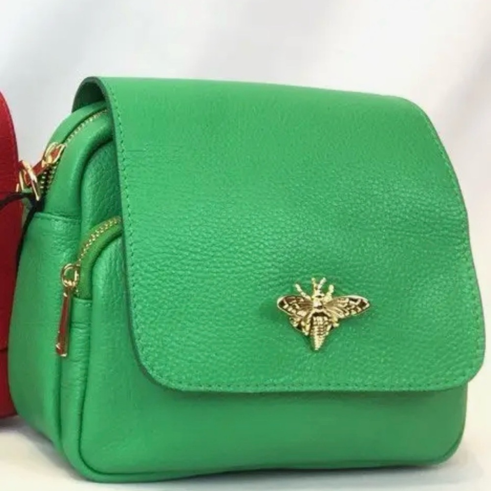 Green Pebble Leather Crossbody Bag with Gold Bee Detail